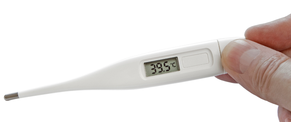 Ein digitales Fieberthermometer zeigt eine Temperatur von 39,5 °C an.