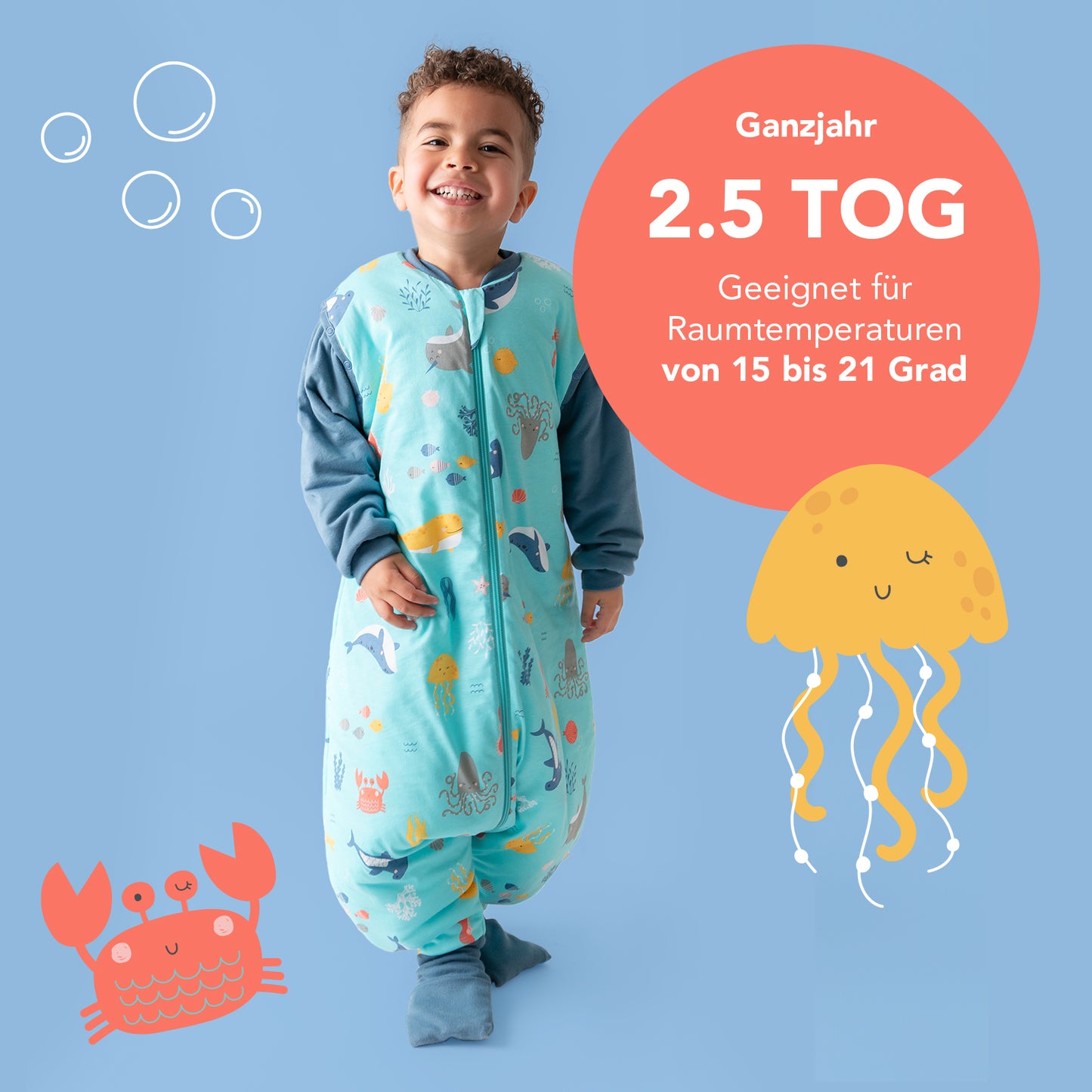 Schlafsack mit Füßen und umklappbaren Bündchen, 2.5 TOG