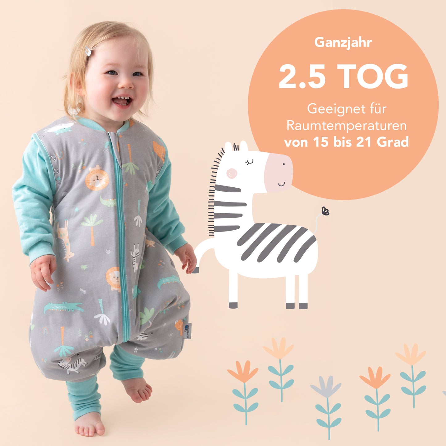 Schlafsack mit Füßen und umklappbaren Bündchen, 2.5 TOG