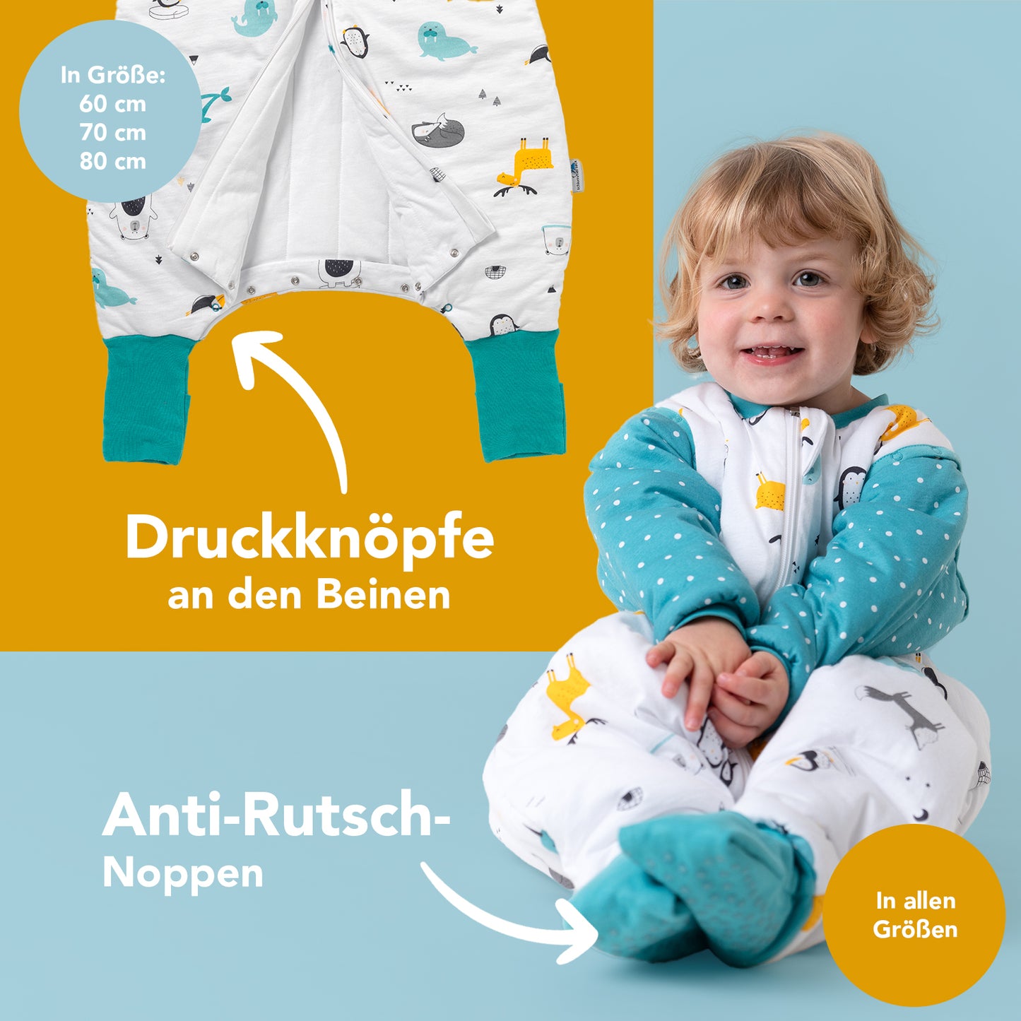 Bio Schlafsack mit Füßen und umklappbaren Bündchen, 3.5 TOG