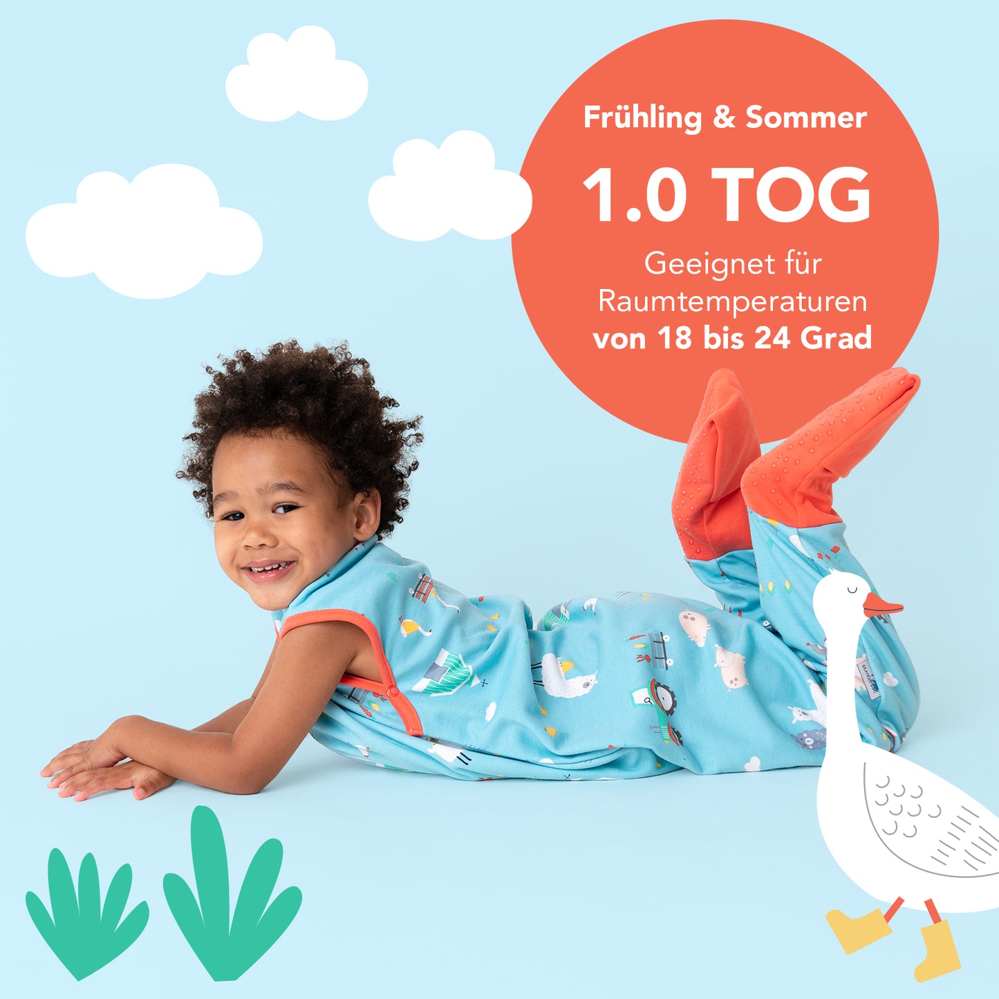 Bio Schlafsack mit Füßen und umklappbaren Bündchen, 1.0 TOG