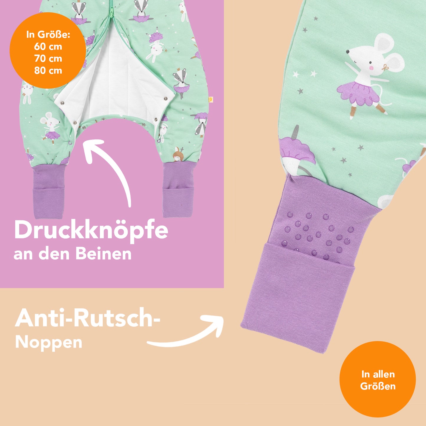 Schlafsack mit Füßen und umklappbaren Bündchen, 1.0 TOG