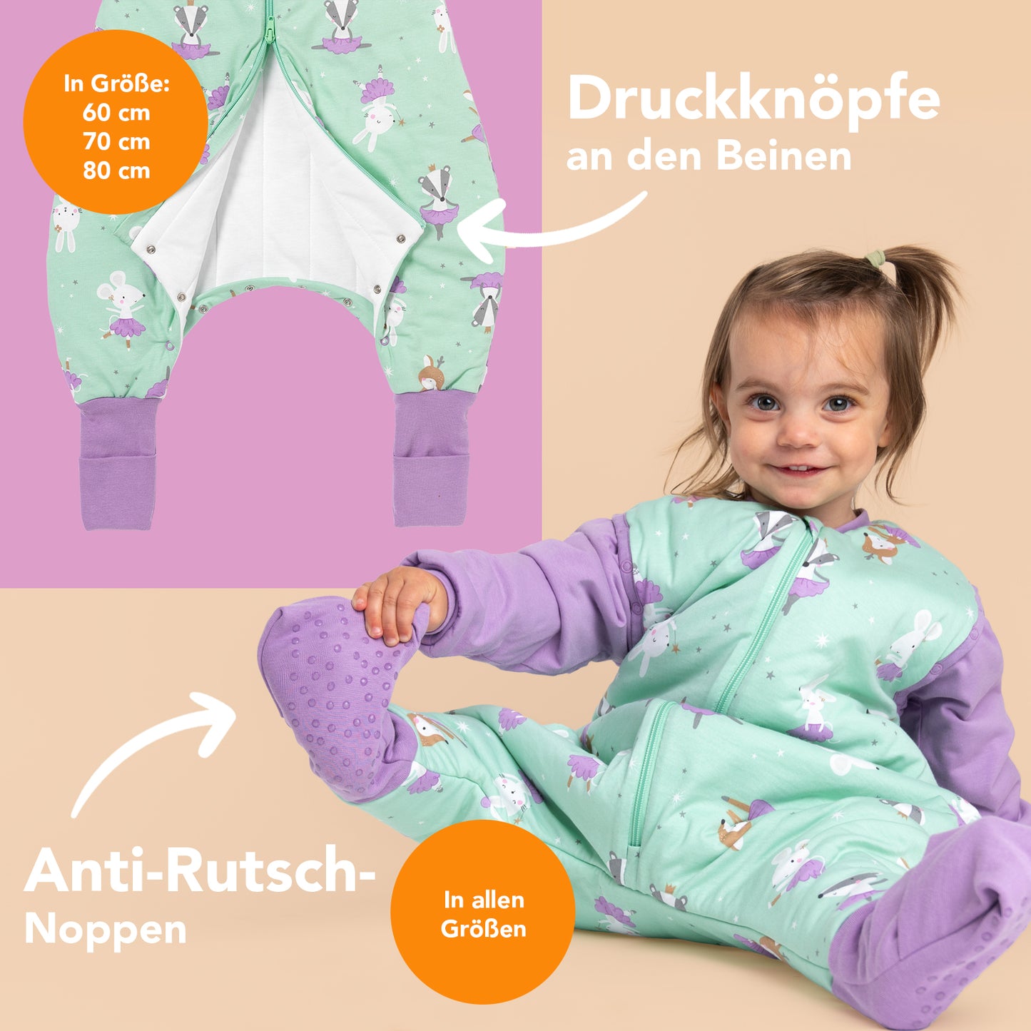 Schlafsack mit Füßen und umklappbaren Bündchen, 1.0 TOG